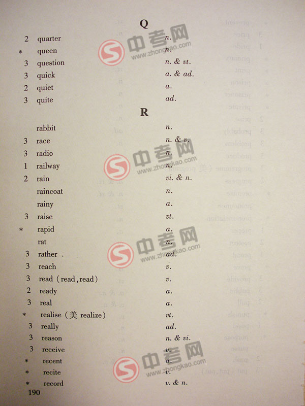 2010年北京英语中考说明下载-附录3词汇表q-r