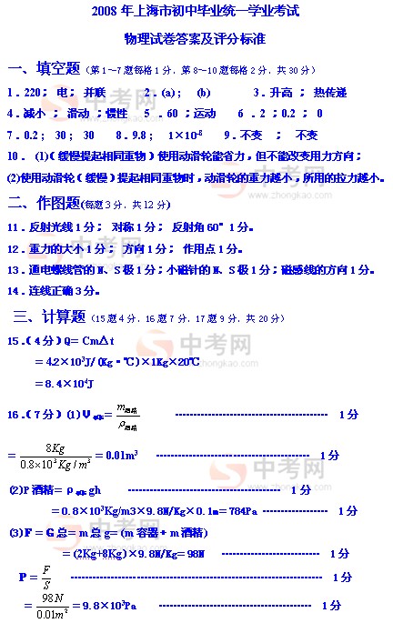 [中考真题]2008年上海市初中毕业生统一学业考试理化综合物理试卷2