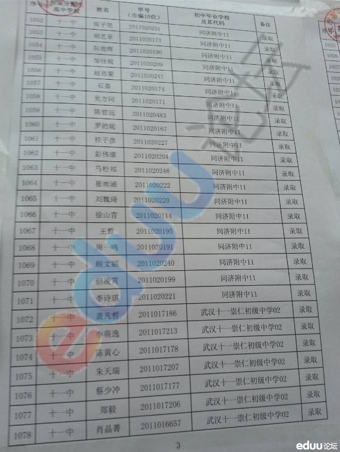 2014年武汉11中分配生录取名单公布5