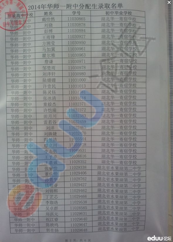 2014年华师一附中分配生部分公示名单4