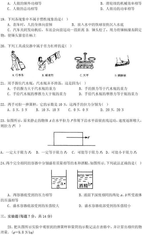 2011年中考复习：力学专题复习测试题3