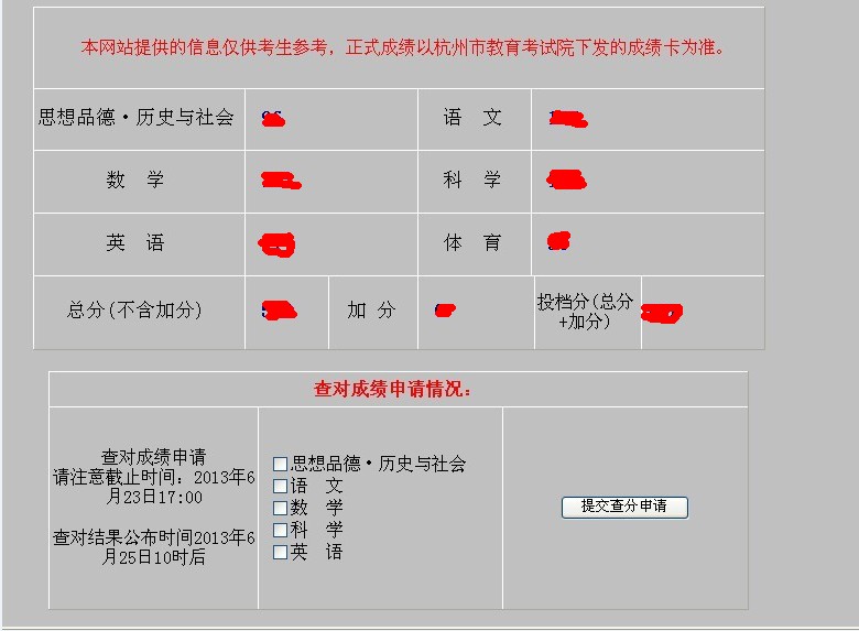 2013年杭州中考成绩现已可查询2