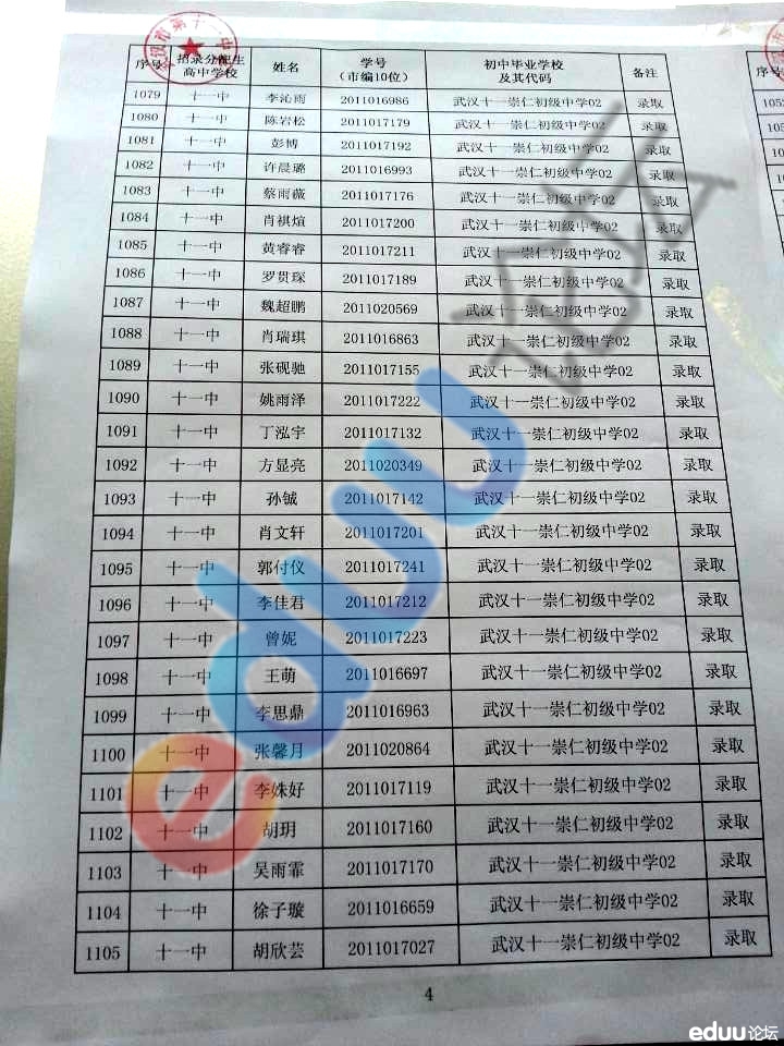 2014年武汉11中分配生录取名单公布7