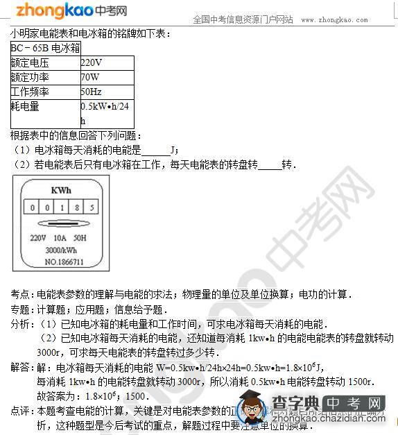 2015中考物理知识点复习：电能表参数的理解与电能的求法1