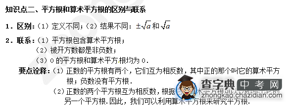 2015中考数学平方根基础知识点：平方根和算术平方根的区别与联系1