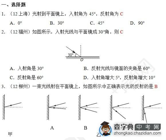 2015年中考物理光的反射知识点：历年真题辑选择题一1