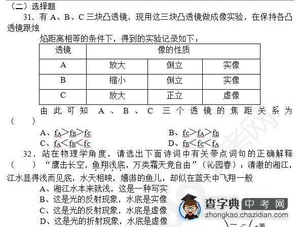 2015年中考物理光的折射知识点：知识点自测选择题六1