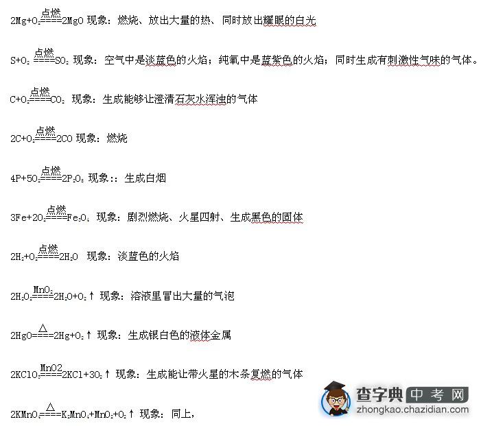 初三化学知识点总结：与氧有关的化学方程式1