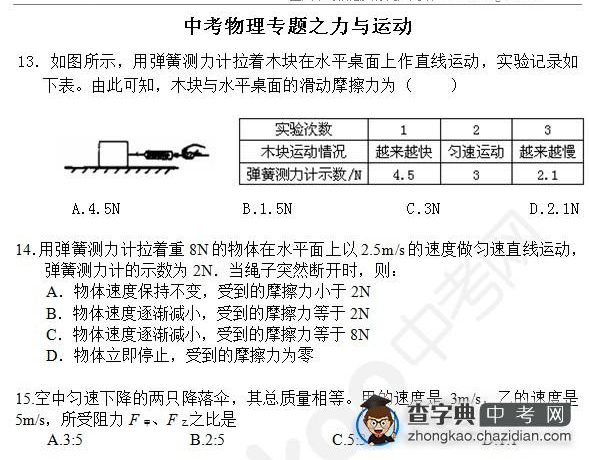 2015年中考物理备考力的知识点：力与运动选择题五1