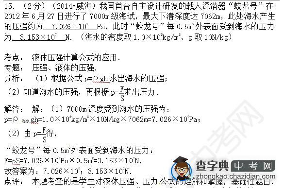 2015年中考物理压强知识点：14年真题训练填空题四1