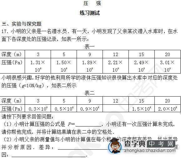 2015年中考物理压强知识点：专题训练实验与探究题二1