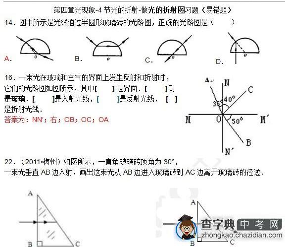 2015年中考物理光的折射知识点：易错题及解析选择题七1