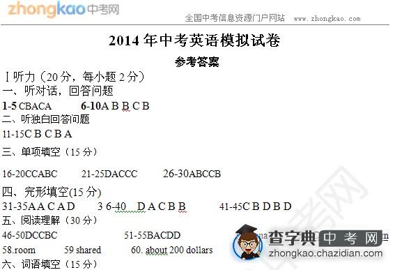 2014年中考英语模拟试卷参考答案1