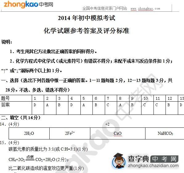 2014年初中模拟考试化学试题参考答案及评分标准1