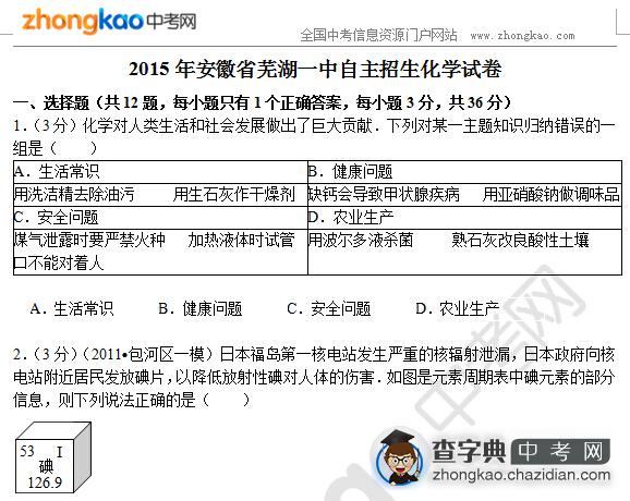 2015年安徽省芜湖一中自主招生化学试卷1