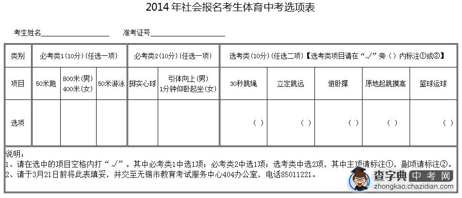 2014年体育中考选项表1