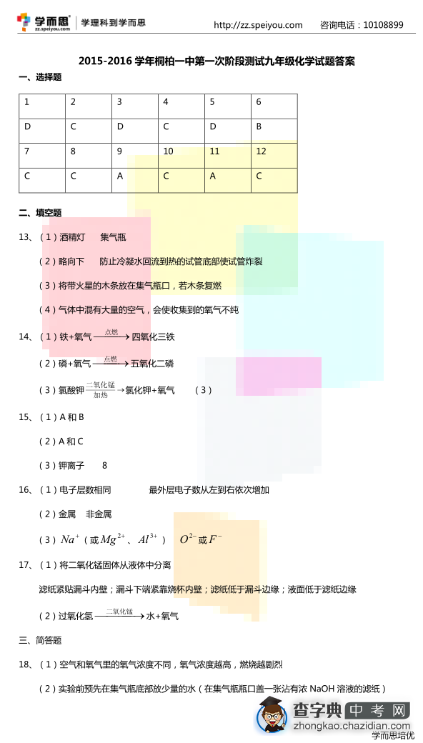 2015桐柏一中初三月考化学试卷解析1