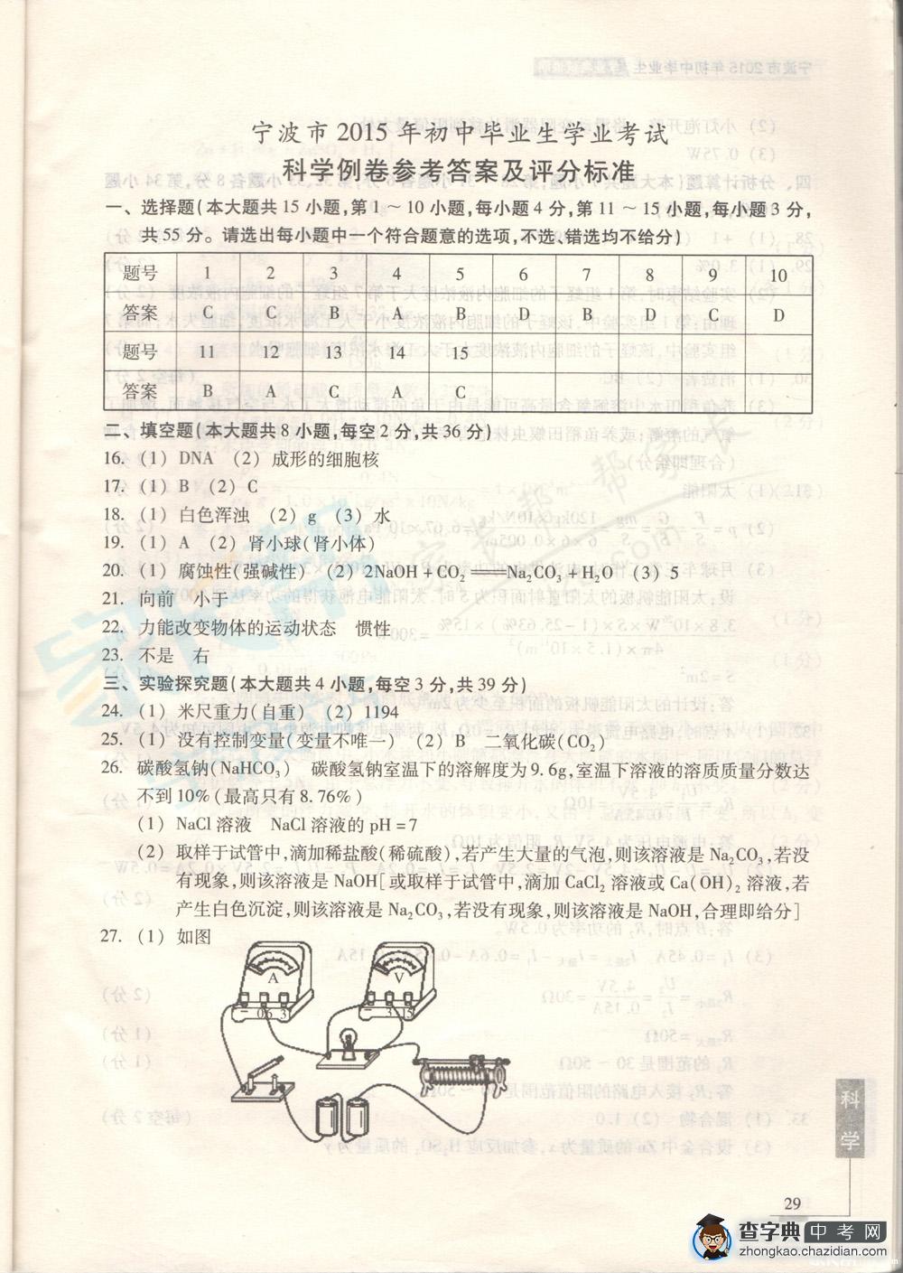 2015年宁波中考说明——科学例卷答案1