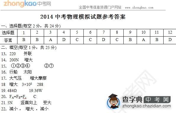 2014中考物理模拟试题参考答案1