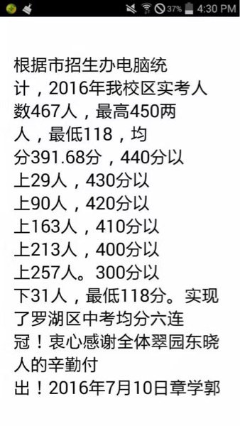 2016年深圳市翠园中学中考喜报公布1