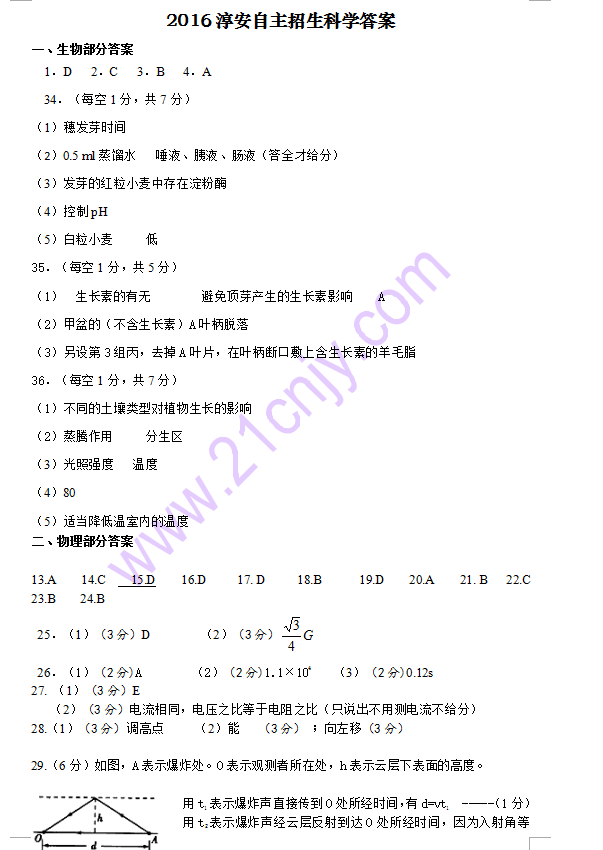 2016年淳安县中考提前自主招生科学试卷答案1