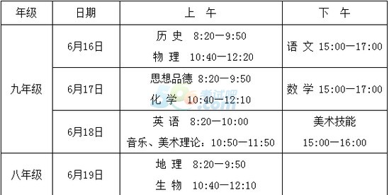 怀化2017中考时间：6月16日至19日1