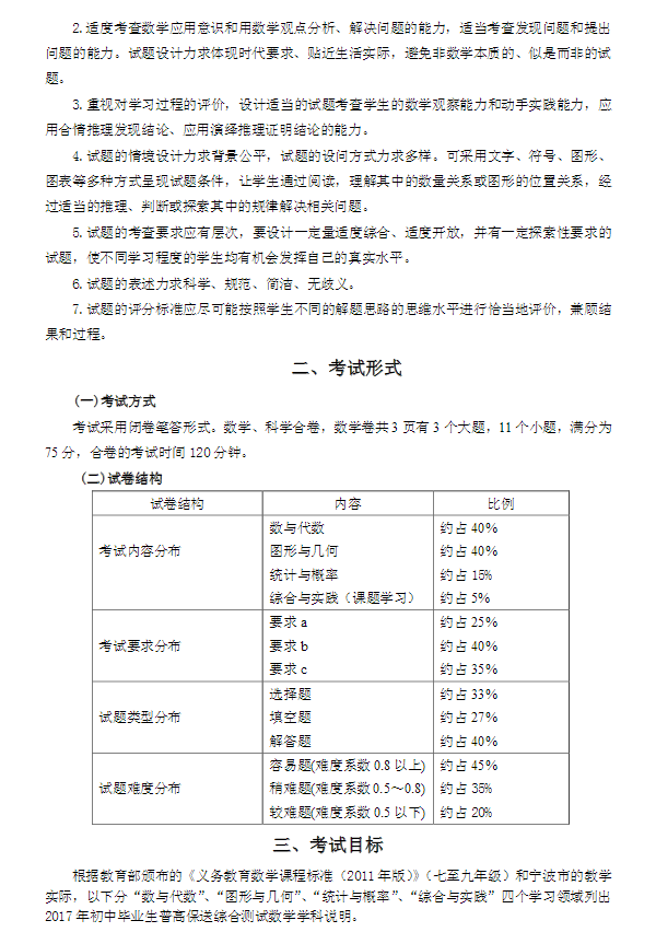 2017宁波中考保送生考试说明（数学）2