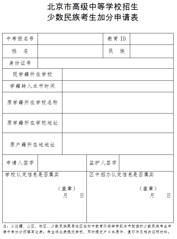 北京市高级中等学校招生少数民族考生加分申请表1