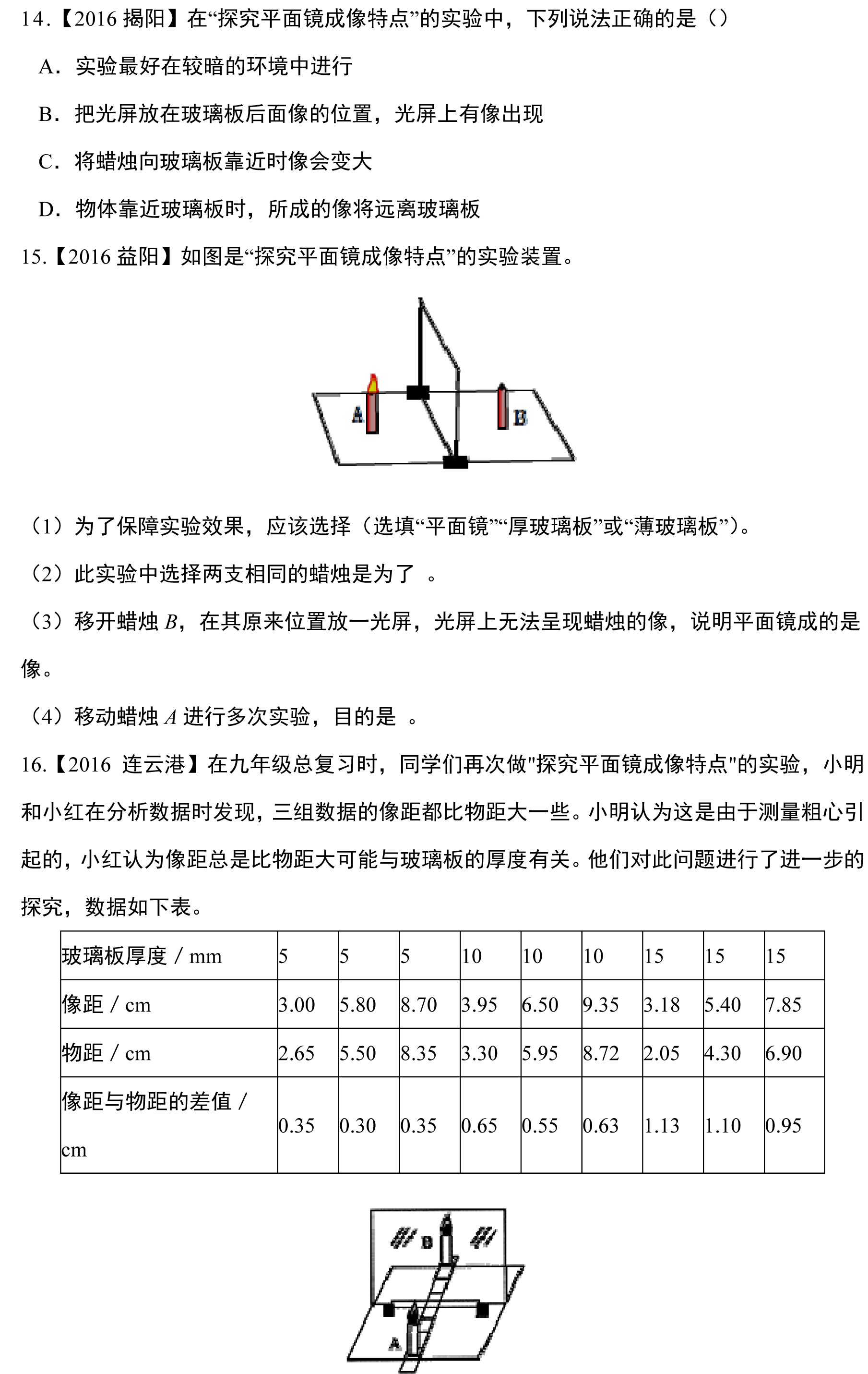 2017年中考物理秘籍之光的传播反射成像习题：平面镜成像实验1