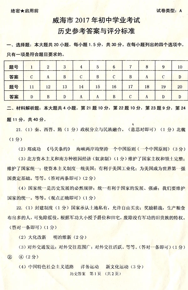 山东威海2017年中考历史试题及答案9