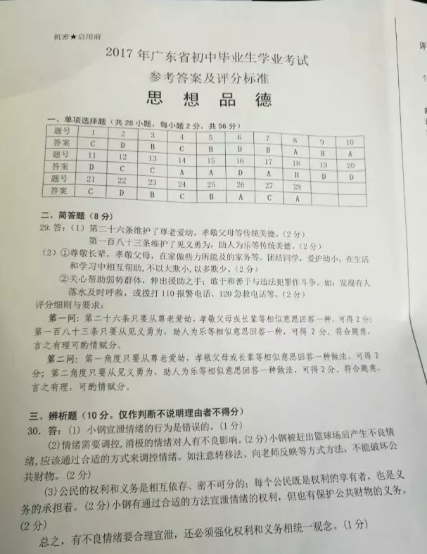 广东省2017年中考思想品德试题及答案7