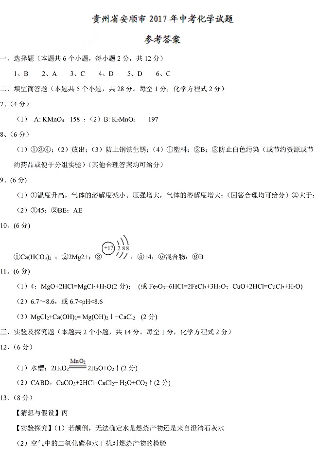 贵州安顺2017年中考理综（化学部分）试题及答案7