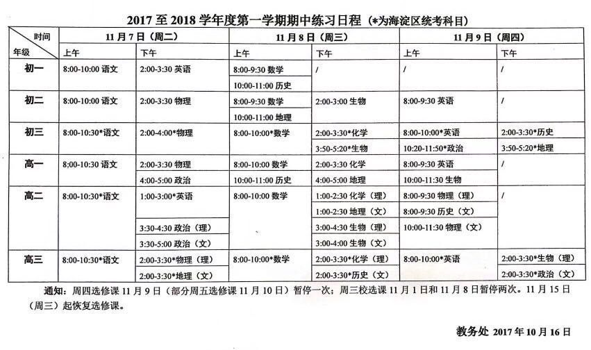 2017-2018学年北京海淀区第一学期期中考试时间确定1