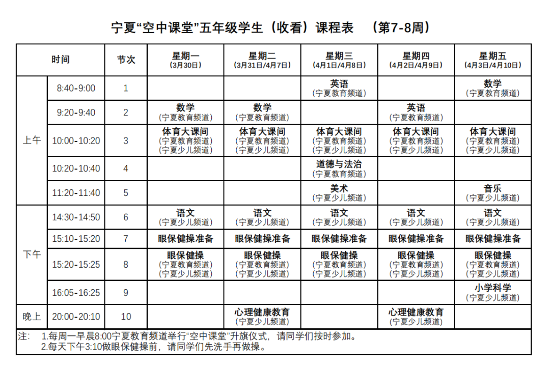 宁夏中小学“空中课堂”课程表完整版公布（4月13日5