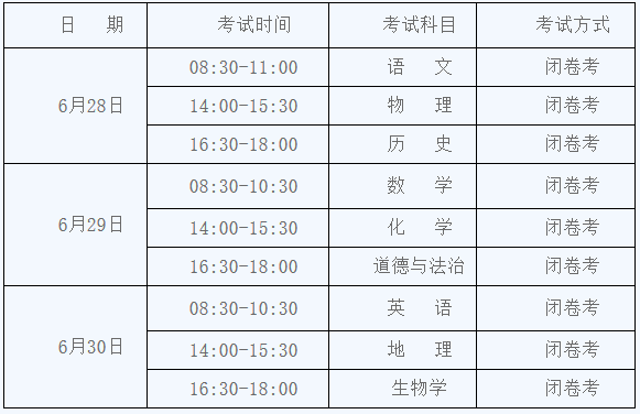 云南2019年初中学生学业水平考试时间及抽考科目1