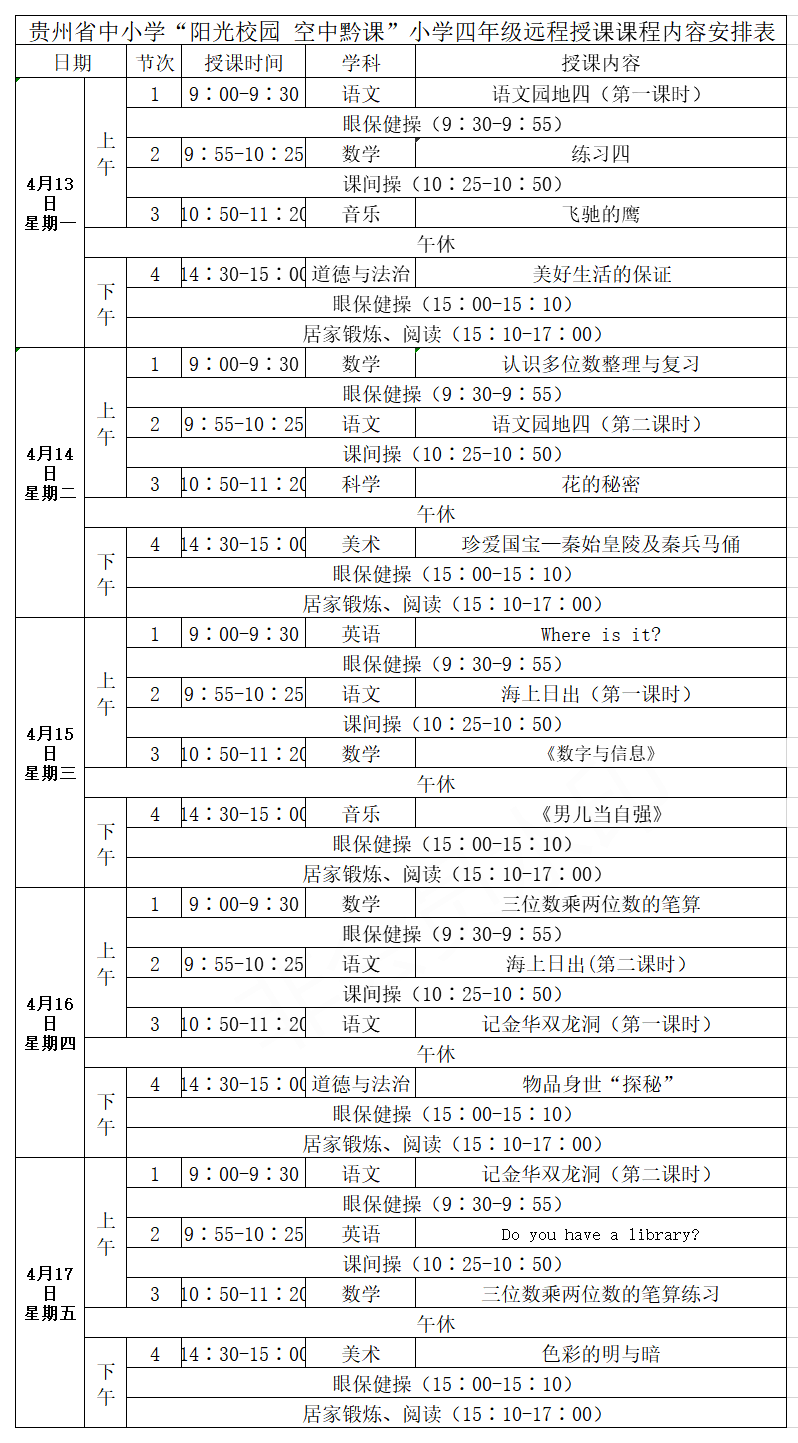 贵州中小学“空中课堂”课程表完整版公布（4月13日11