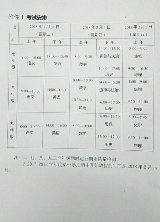 2018年福建各市九年级上学期期末质检时间3