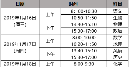 2019年北京大兴区期末考试时间安排1