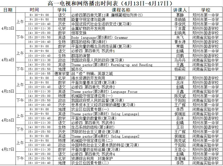 河南中小学“空中课堂”课程表完整版公布（4月13日10