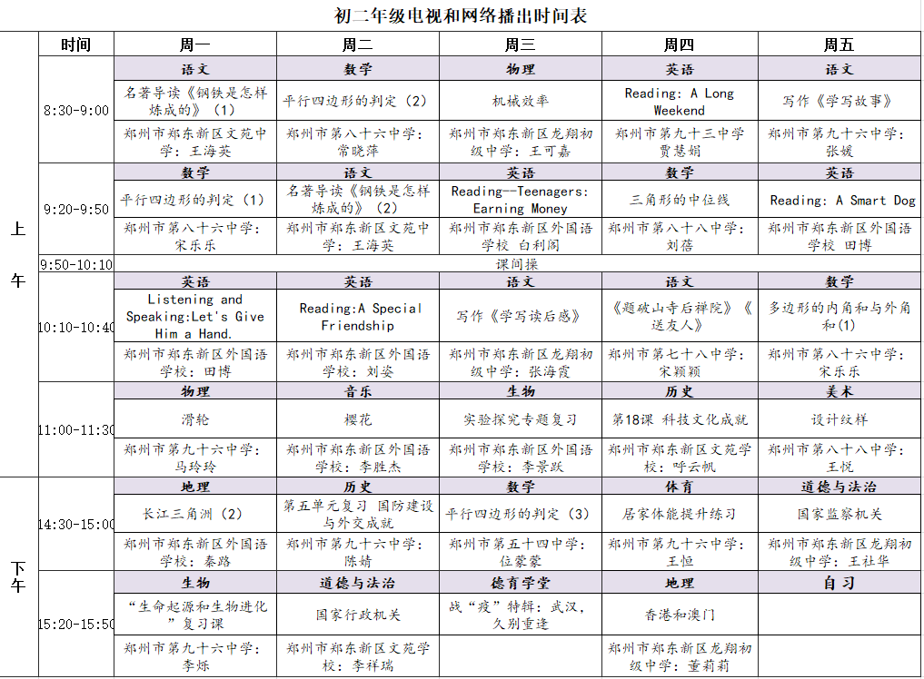 河南中小学“空中课堂”课程表完整版公布（4月20日8