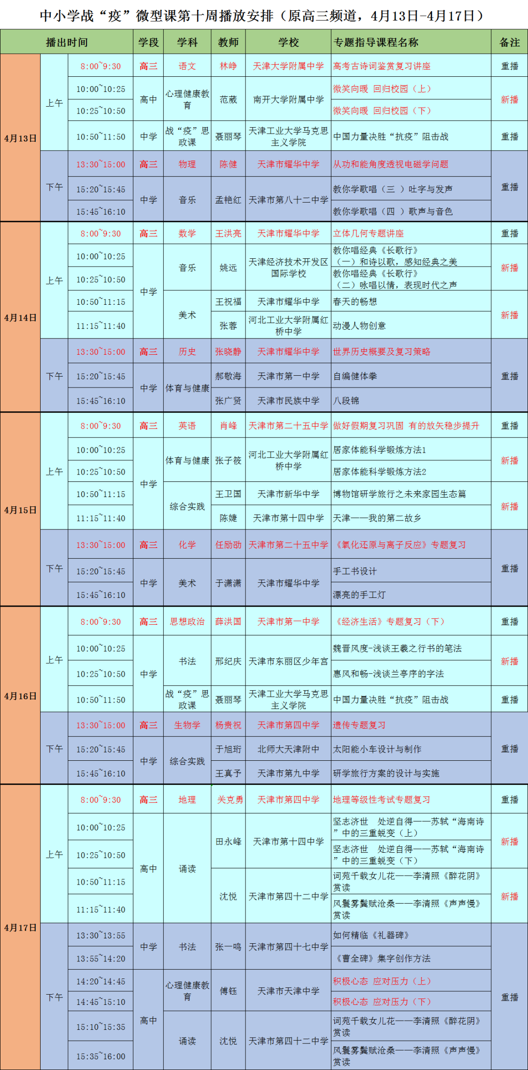 天津中小学“空中课堂”课程表完整版公布（4月13日2