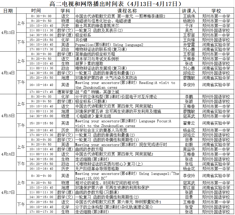 河南中小学“空中课堂”课程表完整版公布（4月13日11